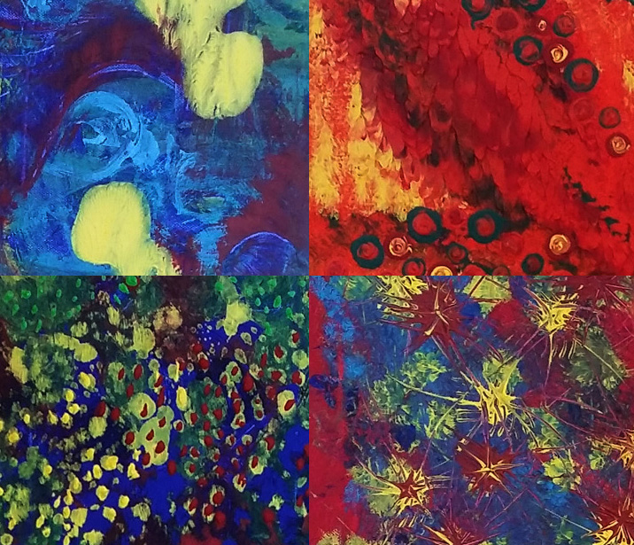 Ergebnisse eines Malkunst-Workshops in der Malkunstwerkstatt, leuchtende Blau-, Rot-, Grün- und Gelbtöne mit strukturreichen Farbexperimenten.