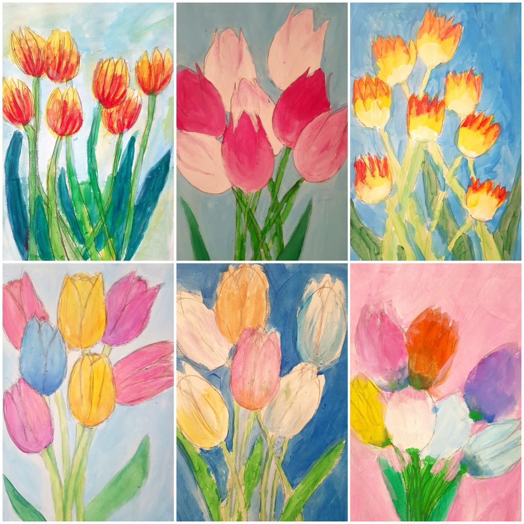 Bunten Tulpenbilder - Beispiele aus Malkursen für Kinder und Erwachsene in der Malkunstwerkstatt (Blumen malen)